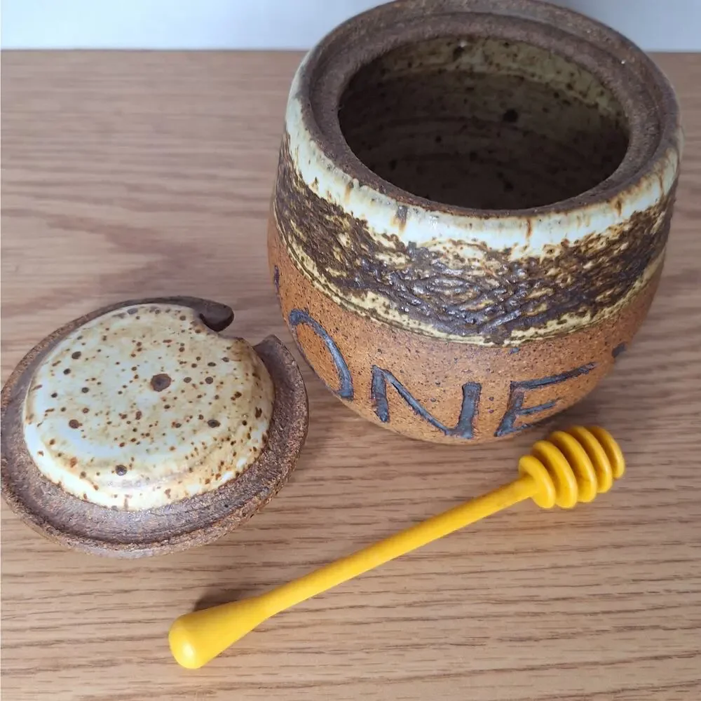 RARE VTG Michael Marsh 1980 Studio Pottery Honey Pot Jar Lid Dipper Stoneware